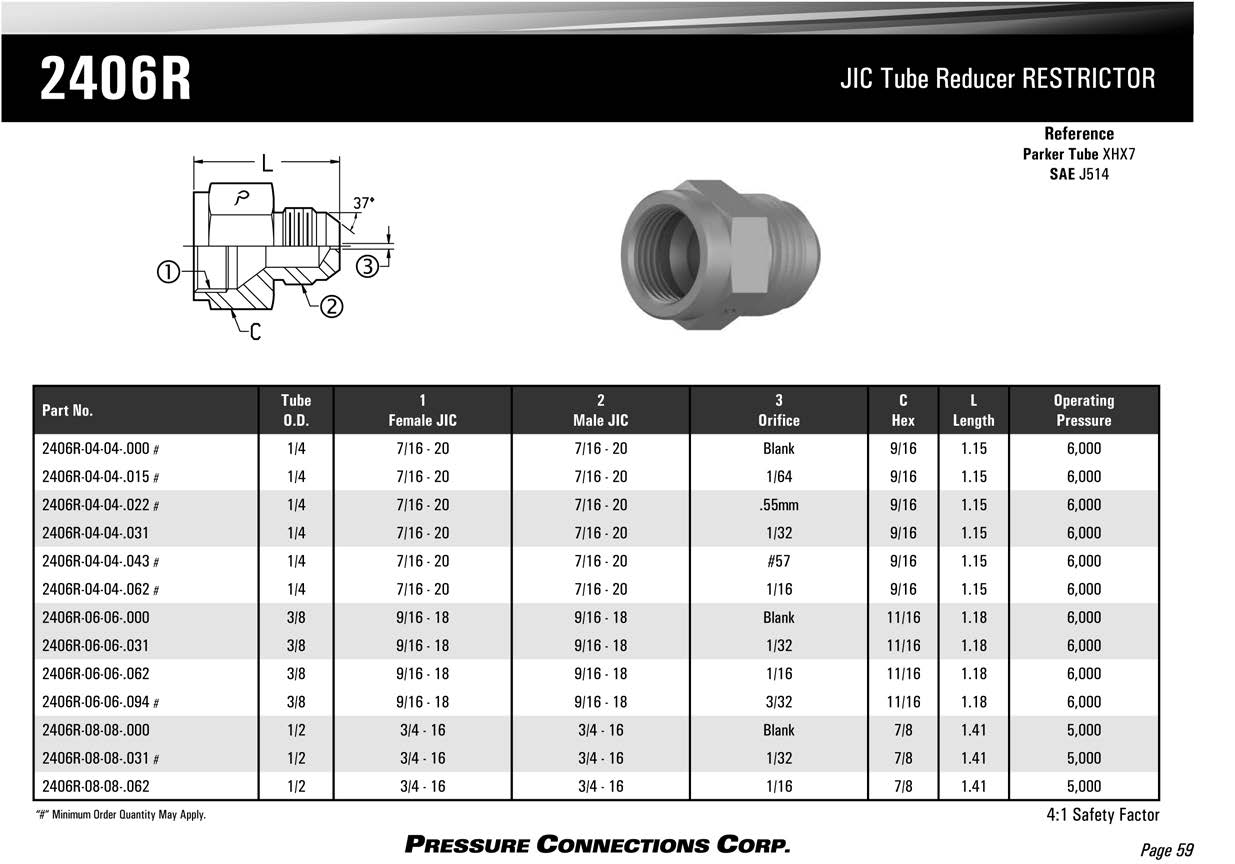 Male JIC x Female JIC, Tube Reducer with Restrictor, Steel 2406R06